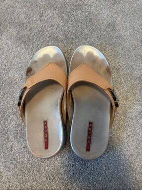 Prada Tan Leather and Metallic Silver Slide Sandals